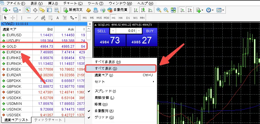 MT4・MT5にゴールドを表示する