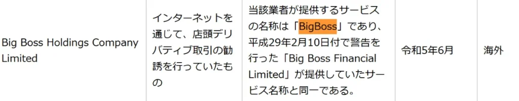 BigBossは日本の金融庁から警告を受けている