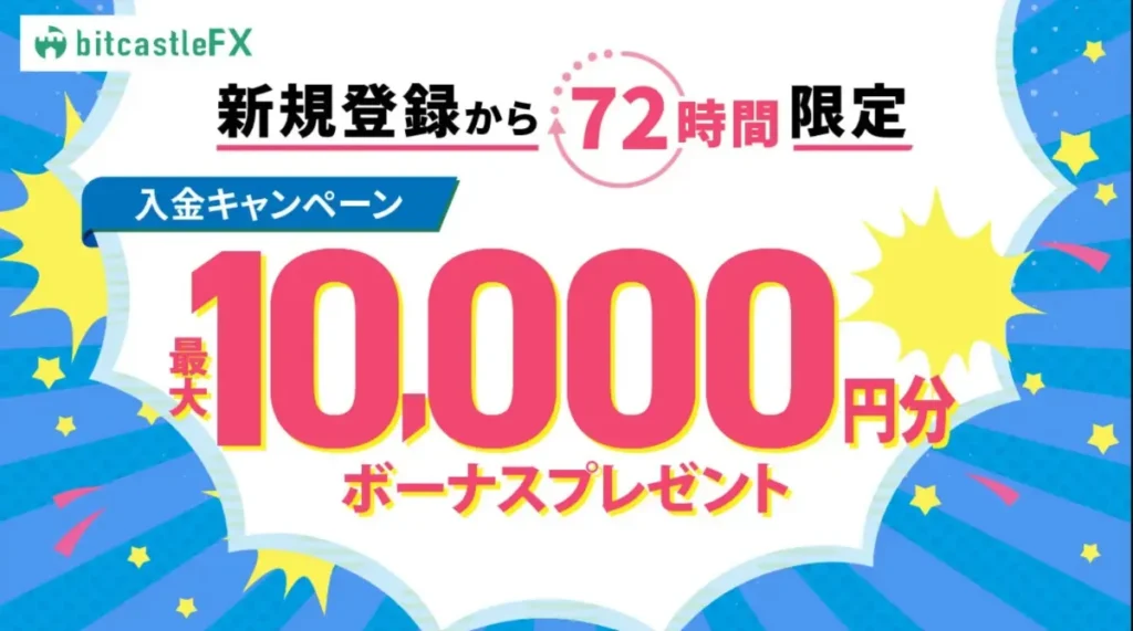 新規登録から72時間以内に入金で10,000円ボーナス